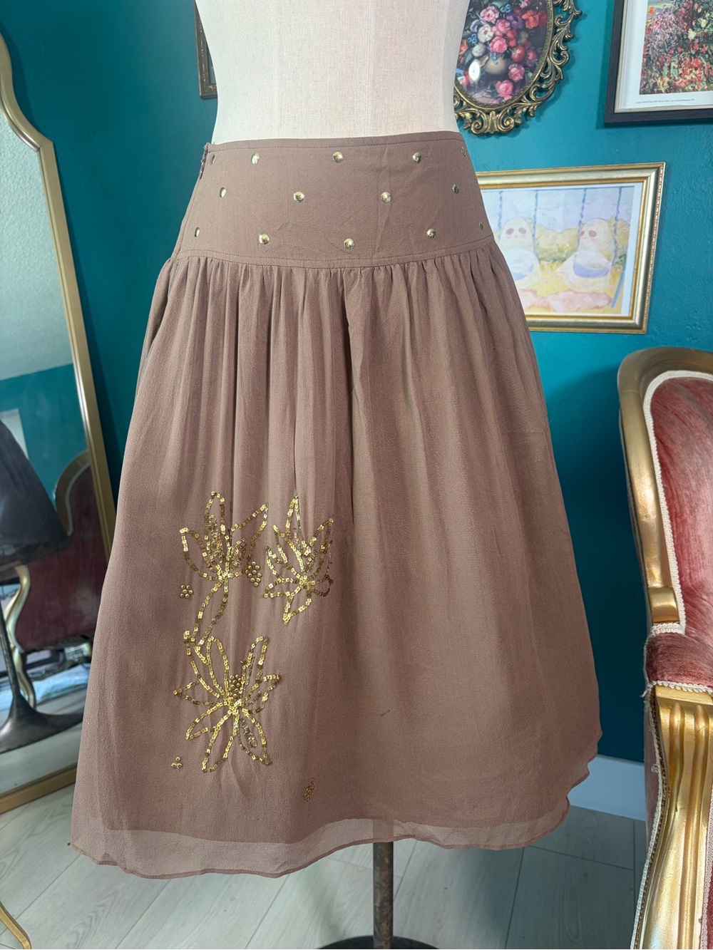 Lauren Moffatt 100% Silk Sequin Embroidered Midi Skirt Size 10